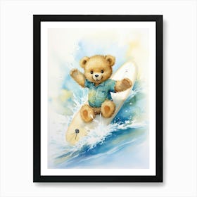 Surfing Teddy Bear Painting Watercolour 2 Art Print