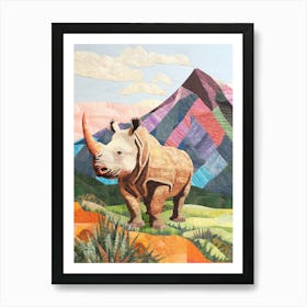 Patchwork Rhino With Mountain In The Background 2 Art Print