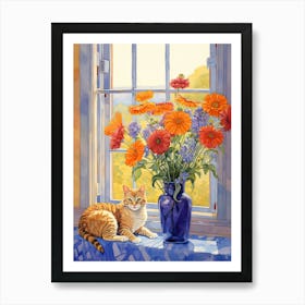 Cat With Sunflower Flowers Watercolor Mothers Day Valentines 3 Art Print