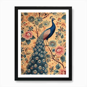 Mustard Blue Floral Peacock Wallpaper Art Print