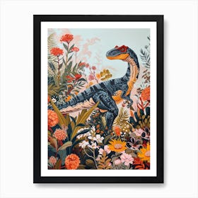 Dinosaur In The Garden Flowers 2 Art Print