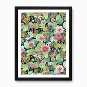 Waterlily Pond And Dragonflies Art Print