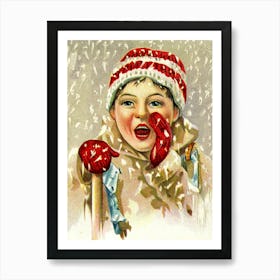 A Boy In A Snow, Vintage Holiday Poster Art Print