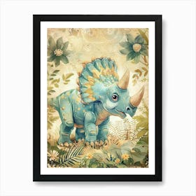 Cute Pattern Triceratops In The Meadow Watercolour Painting 1 Art Print