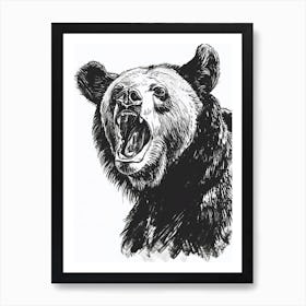Malayan Sun Bear Growling Ink Illustration 4 Art Print