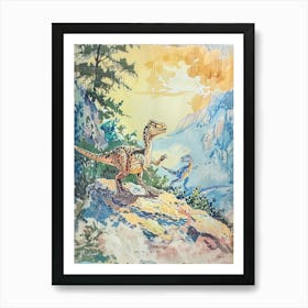 Dinosaur Friends On A Mountain Vintage Storybook Style Art Print