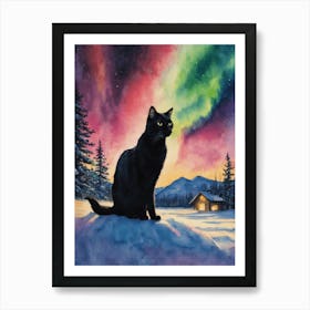 Black Cat At The Northern Lights ~ Beautiful Witch Kitty Under The Aurora Borealis in Snowing Lapland, Yule Winter Scene Rainbow Watercolor Witchy Art Print by Lyra the Lavender Witch - Pagan Witchcraft Fairytale Magical Art Print
