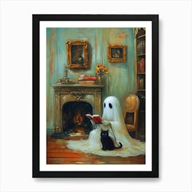 Ghost Reading by Fireplace 1 Art Print