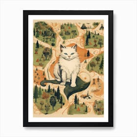 White Cat On A Medieval Forest Map Art Print