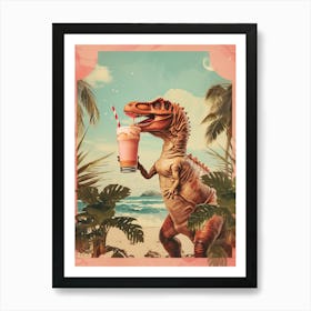 Dinosaur Drinking A Milkshake Retro Collage 1 Art Print