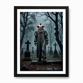 The Clown’s Grin Beneath the Moonlit Sky In The Cemetery Art Print