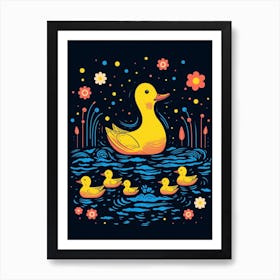 Ducklings At Night Floral Pattern 2 Art Print