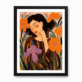 Woman With Autumnal Flowers Iris 2 Art Print