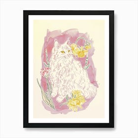 Cute Angora Cat With Flowers Illustration 1 Art Print