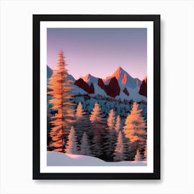 Red Sunset Snowy Mountains Oil Painting Morning Skiing Resort Art Print
