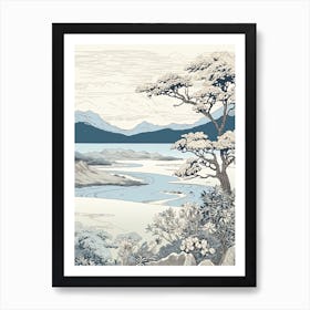 Shiretoko Peninsula In Hokkaido, Ukiyo E Black And White Line Art Drawing 3 Art Print