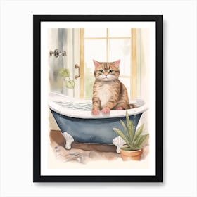 Scottish Fold Cat In Bathtub Botanical Bathroom 2 Art Print