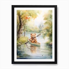 Canoeing Teddy Bear Painting Watercolour 3 Art Print