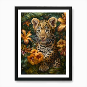 A Happy Front faced Leopard Cub In Tropical Flowers 7 Art Print