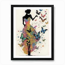 The men's silhouette is slender and minimalist, with soft and elegant lines. Her dress is made up of multicolored butterflies that seem to dance around her, creating an ethereal and delicate effect. The butterflies vary in size and hue, adding a touch of dynamism and joy to the image. The woman appears to be in harmony with nature, symbolized by the butterflies that adorn her dress. 1 Art Print