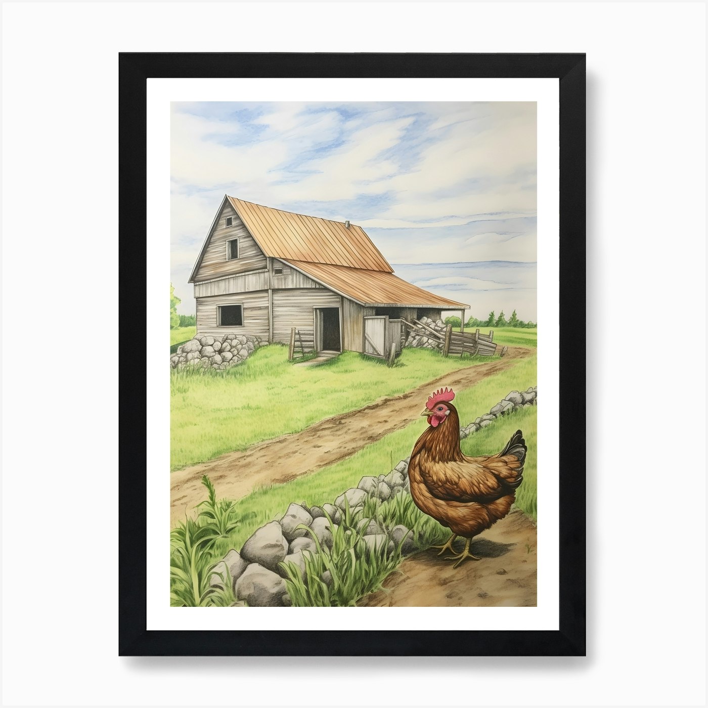 Chicken In Front Of Barn Art Print Framed Wall Art Poster Canvas Print Picture - Picture 2 of 4