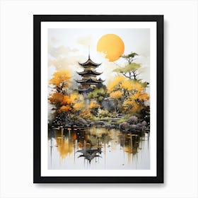 Kinkaku Ji (Golden Pavilion) In Kyoto, Japanese Brush Painting, Ukiyo E, Minimal 2 Art Print