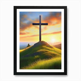 Cross On A Hill Near An Ocean Sunrise Art Print