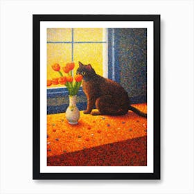 Freesia With A Cat 4 Pointillism Style Art Print