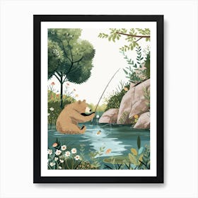 Sloth Bear Fishing In A Stream Storybook Illustration 4 Art Print