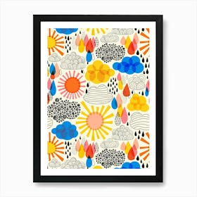 Weather Forecast Abstract Sun, Rain, and Clouds Kids Art Print