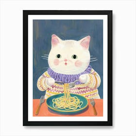 White Cat Pasta Lover Folk Illustration 2 Art Print