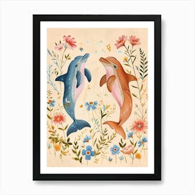 Folksy Floral Animal Drawing Dolphin Art Print
