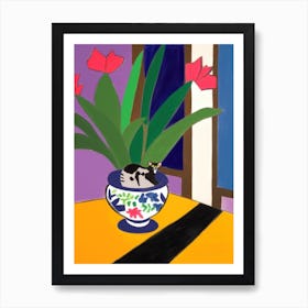 A Painting Of A Still Life Of A Iris With A Cat In The Style Of Matisse  3 Art Print