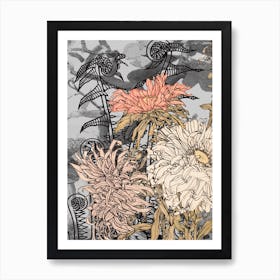 Abstract Botanical Fiddleheads and Dahlias, Cream and Graphite, Collage Botanical No.12623 - 08 Art Print