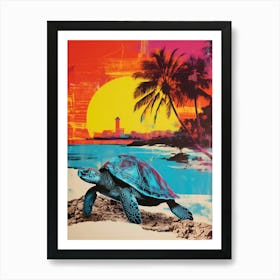 Sea Turtle On The Beach Risograph Inspired  2 Art Print