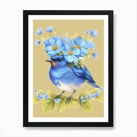 Blue Bird With Flowers Art Print