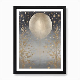 Wabi Sabi Dreams Collection 1 1 - Japanese Minimalism Abstract Moon Stars Mountains and Trees in Pale Neutral Pastels And Gold Leaf - Soul Scapes Nursery Baby Child or Meditation Room Tranquil Paintings For Serenity and Calm in Your Home Art Print