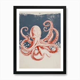 Retro Linocut Inspired Red & Navy Octopus 4 Art Print