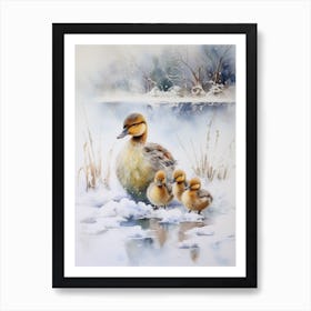 Ducklings & Mother In The Snow Watercolour  4 Art Print