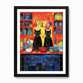 Two Black Cats In A Vintage Kitchen Art Print