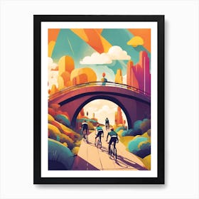 Illustration Of Cyclists Crossing A Bridge Art Print