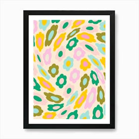Retro Wavy Floral Aesthetic Trippy Abstract Spring Flowers in Pastel Pink Yellow and Green Art Print