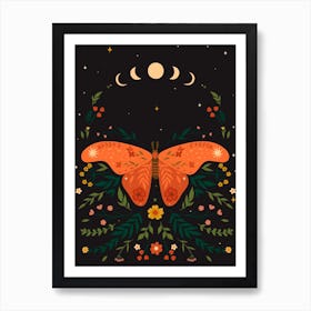 Moon And Butterfly Scandinavian Folk Art Print