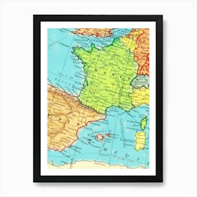 Map Of Europe, Spain, France, retro map, vintage map Art Print