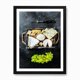 Cheese platter with brie, camembert, roquefort, parmesan, blue cream cheese, grape and nuts — Food kitchen poster/blackboard, photo art Art Print