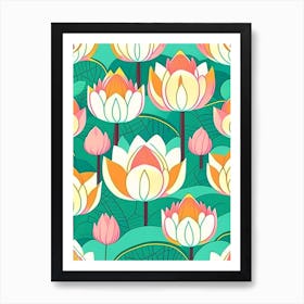 Lotus Flower Repeat Pattern Scandi Cartoon 1 Art Print