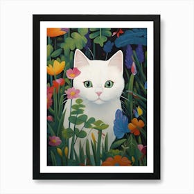 White Cat In The Garden Art Print