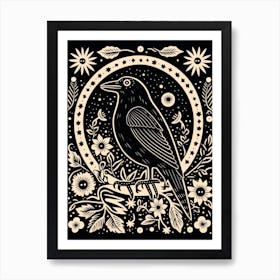 B&W Bird Linocut Raven 3 Art Print