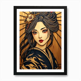 Geisha Wood Portrait 1 Art Print