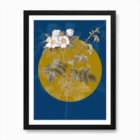 Vintage Botanical White Flowered Rose on Circle Yellow on Blue Art Print